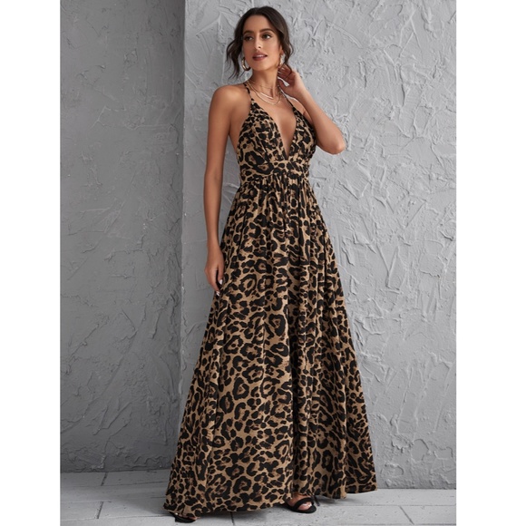 Backless Cheetah Maxi Dress Criss Cross V-Neck - Picture 5 of 16